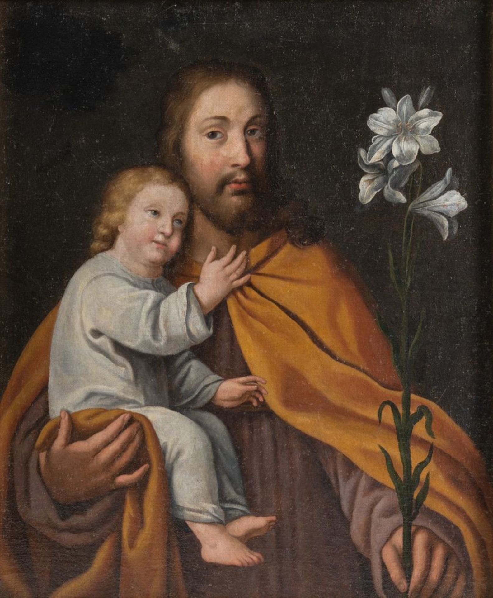 Maestro del XVII secolo. "San Giuseppe con il Bambino". Olio su tela. Cm 60 x 50.