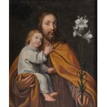 Maestro del XVII secolo. "San Giuseppe con il Bambino". Olio su tela. Cm 60 x 50.