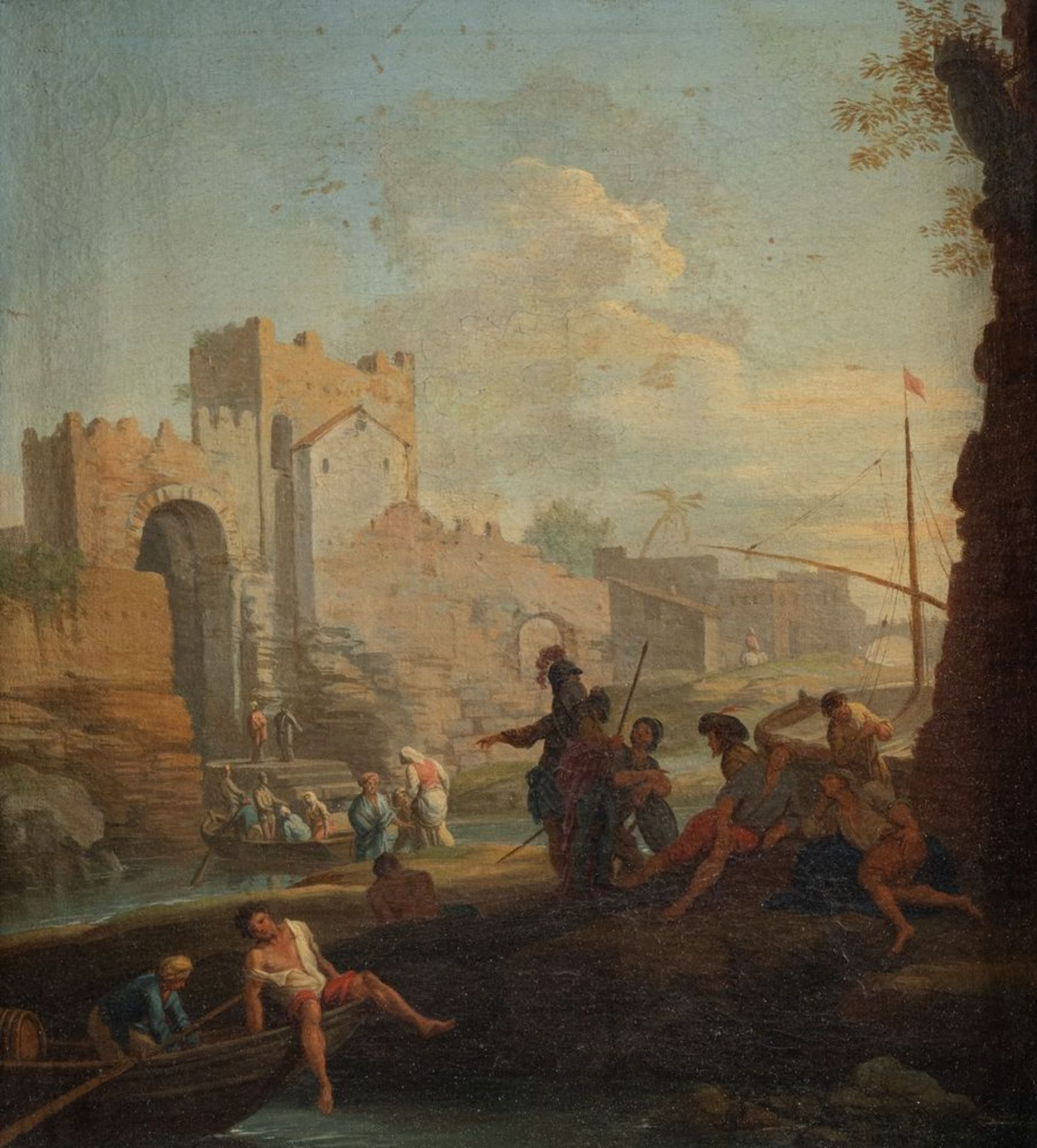 CLAUDE JOSEPH VERNET (1714-1789) "Un estuario al tramonto". Olio su tela. Cm 36x32. Al retro reca ca