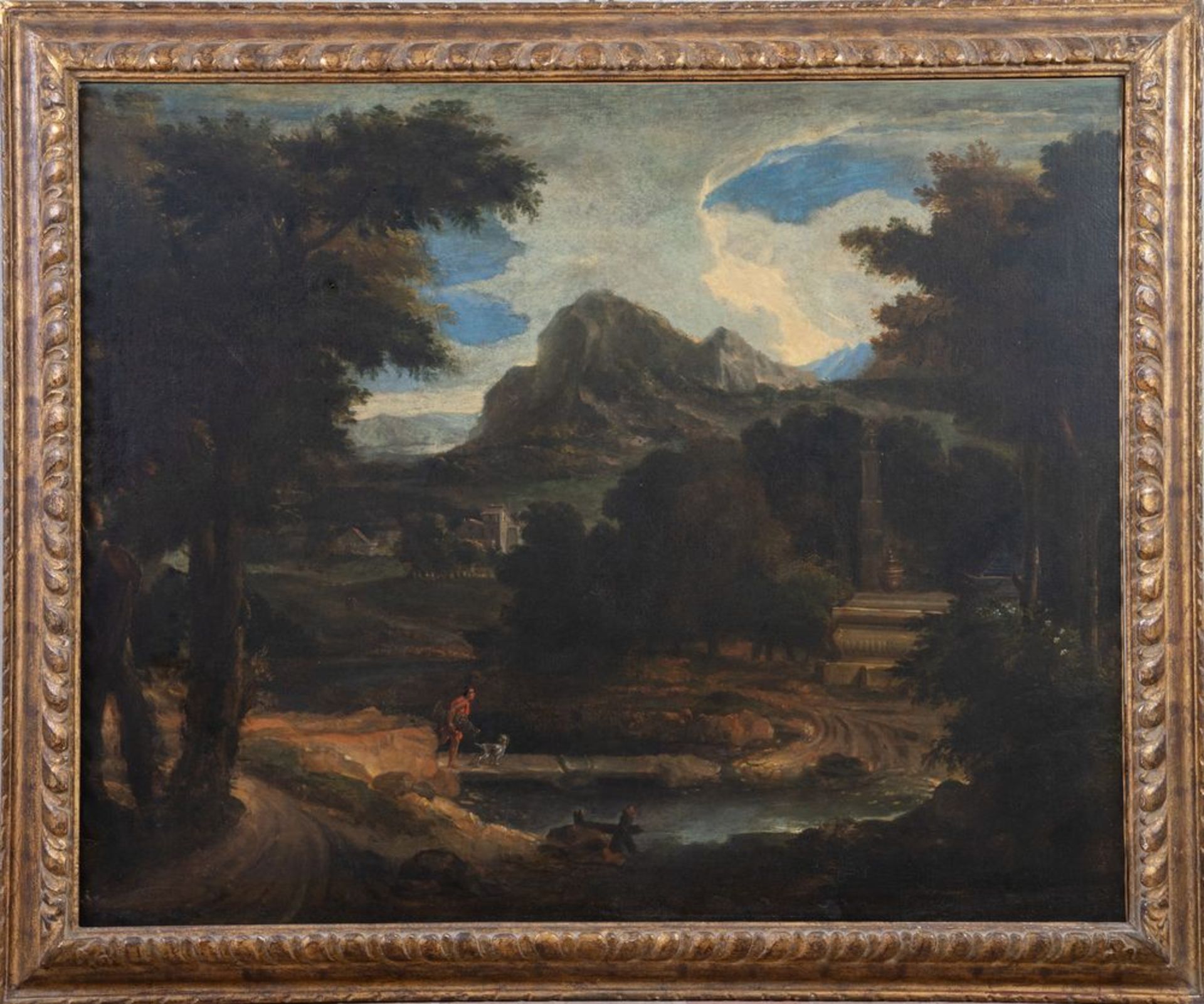 Maestro del XVIII secolo. â€œPaesaggio con figureâ€. Olio su tela. Cm 101x126,5. - Image 2 of 3
