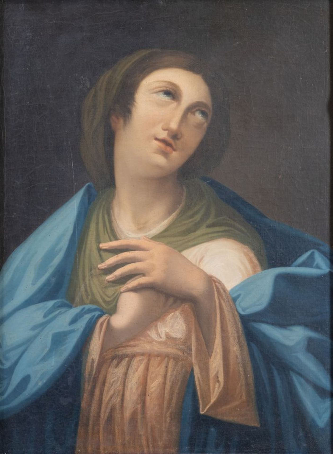 Maestro della fine del XVIII secolo. "Madonna in adorazione". Olio su tela. Cm 73x55,5. 