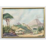 Placca in avorio, raffigurante paesaggio con vulcano e santuario. Italia, inizi del XIX secolo. Cm 7