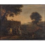 Maestro del XVII secolo. "Paesaggio con scena biblica". Olio su tela. Cm 50x67,5.
