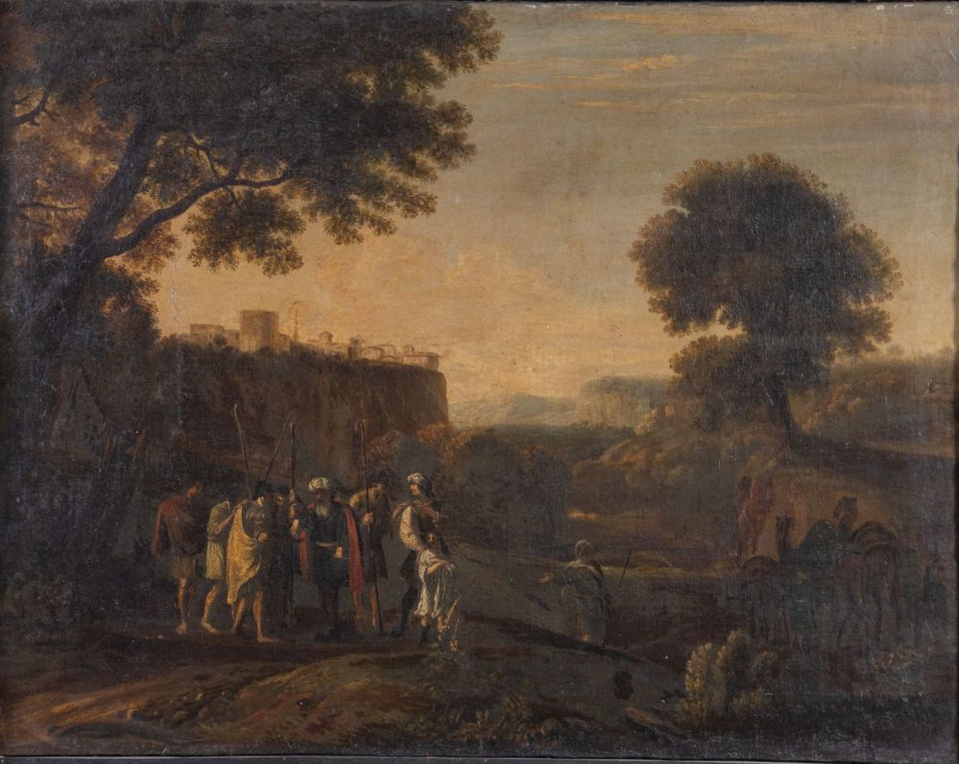 Maestro del XVII secolo.  "Paesaggio con scena biblica". Olio su tela. Cm 50x67,5.