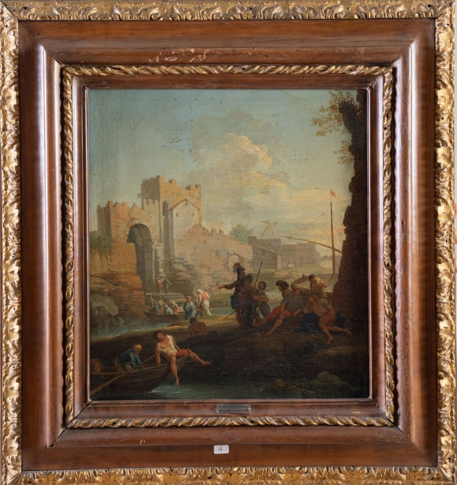CLAUDE JOSEPH VERNET (1714-1789) "Un estuario al tramonto". Olio su tela. Cm 36x32. Al retro reca ca - Bild 2 aus 4