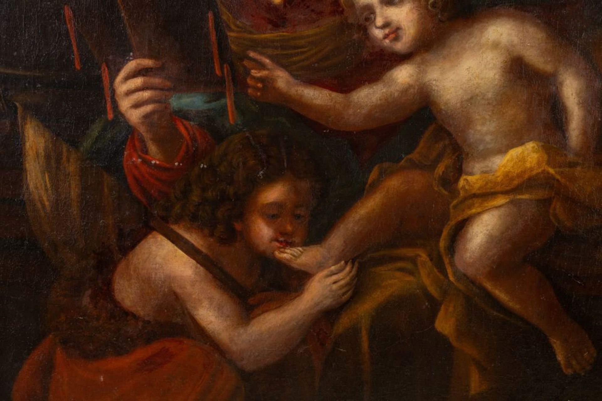 Maestro del XVII secolo. "Sacra Famiglia con San Giovannino". Olio su tela. Cm 95,5x134. (restauri) - Bild 5 aus 7
