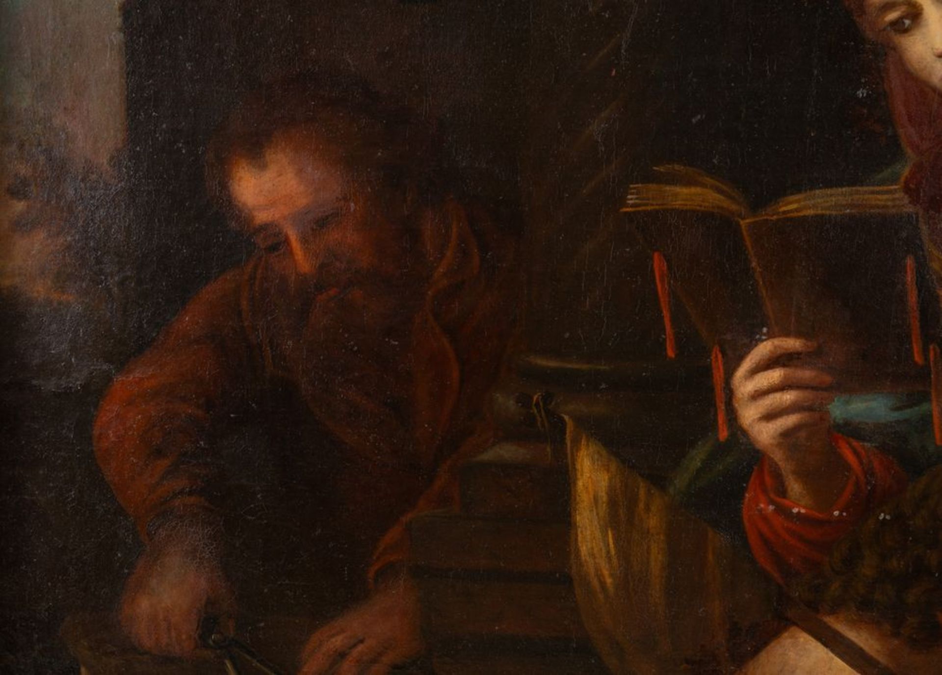 Maestro del XVII secolo. "Sacra Famiglia con San Giovannino". Olio su tela. Cm 95,5x134. (restauri) - Bild 6 aus 7