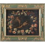 Maestro romano del XVII secolo. "Ghirlanda di fiori con scena raffigurante San Francesco tentato dal