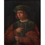 Maestro del XVII secolo. "Ritratto di giovane con guanti". Olio su tela. Cm 85x71.