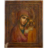 Icona, raffigurante Madonna con Bambino. Arte ortodossa, XIX secolo. Cm 18x14x2. (mancanze)