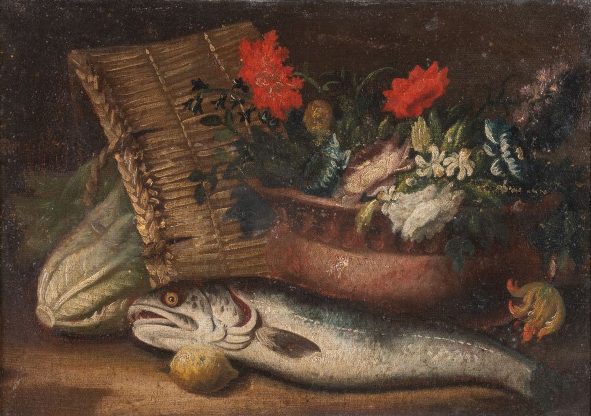 Maestro emiliano del XVIII secolo. "Natura morta con pesce". Olio su tela. Cm 43x60. al retro reca e