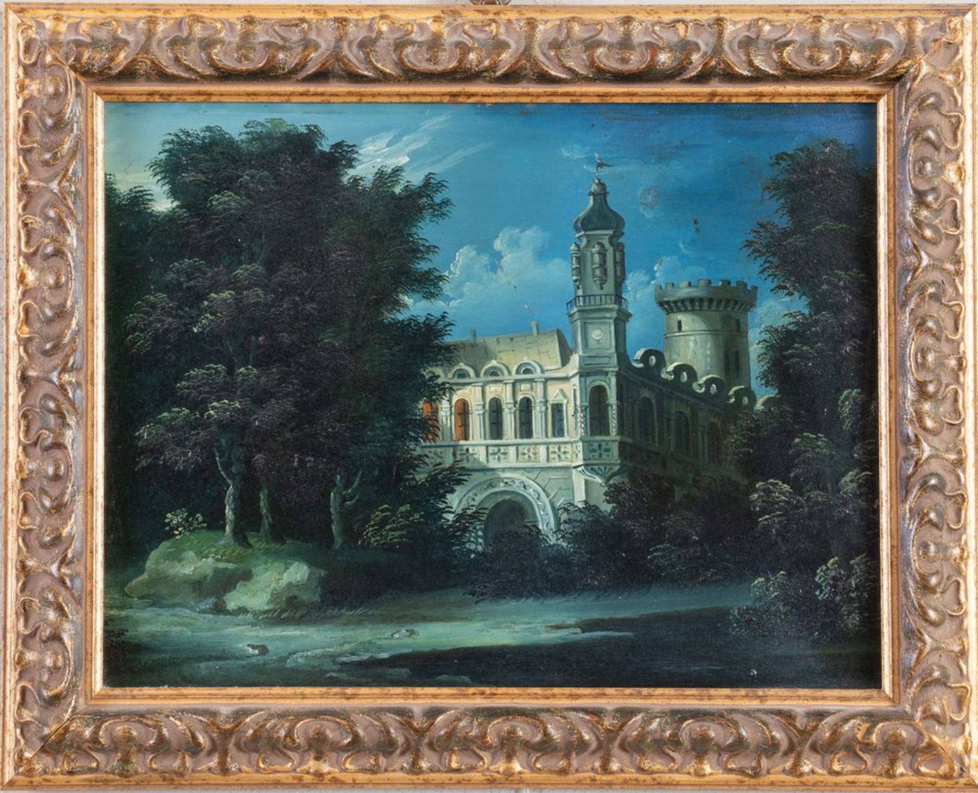 Maestro degli inizi del XIX secolo. "Paesaggio con castelloâ€. Olio su rame. Cm 25,5x33. - Image 2 of 2