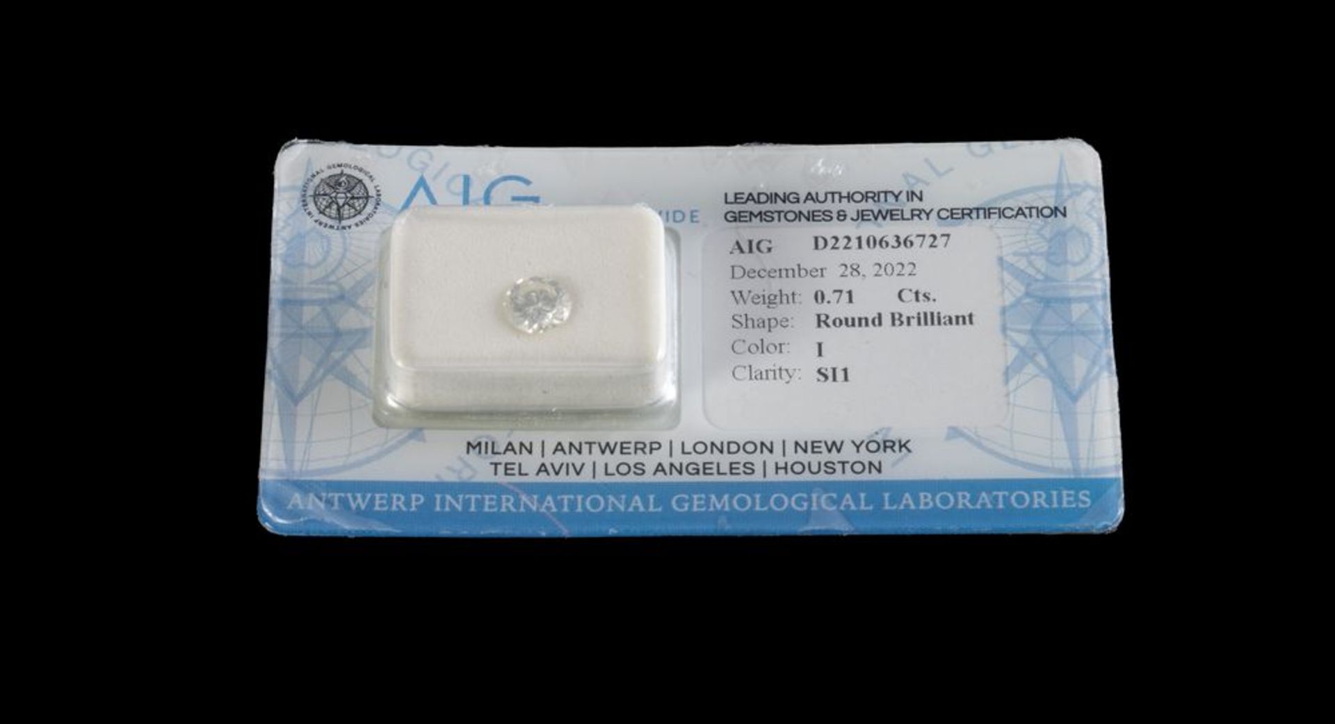 DIAMANTE IN BLISTER Diamante taglio brillante rotondo certificato AIG di ct. 0,71 colore I purezza S - Image 2 of 2