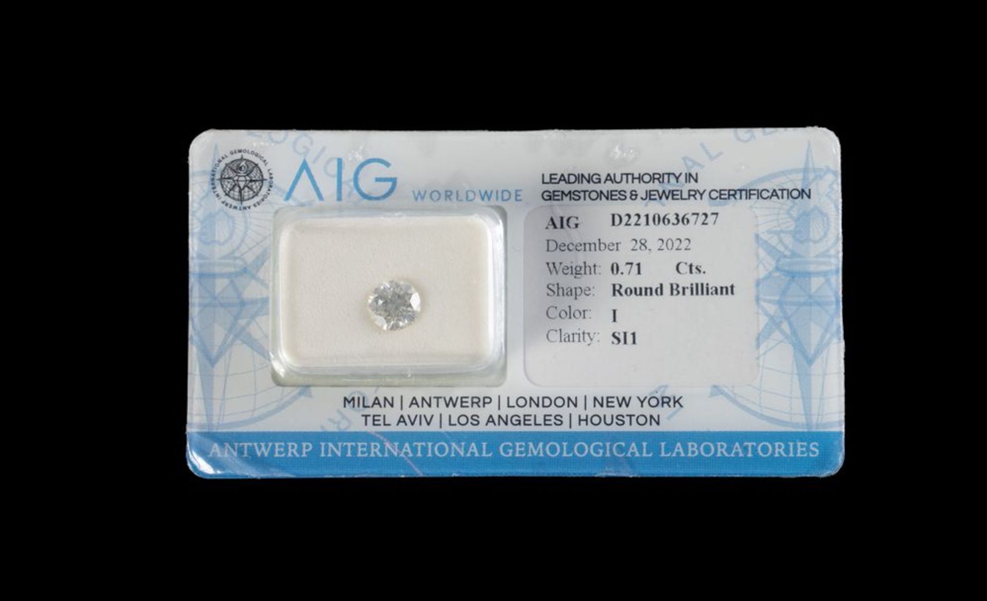 DIAMANTE IN BLISTER Diamante taglio brillante rotondo certificato AIG di ct. 0,71 colore I purezza S