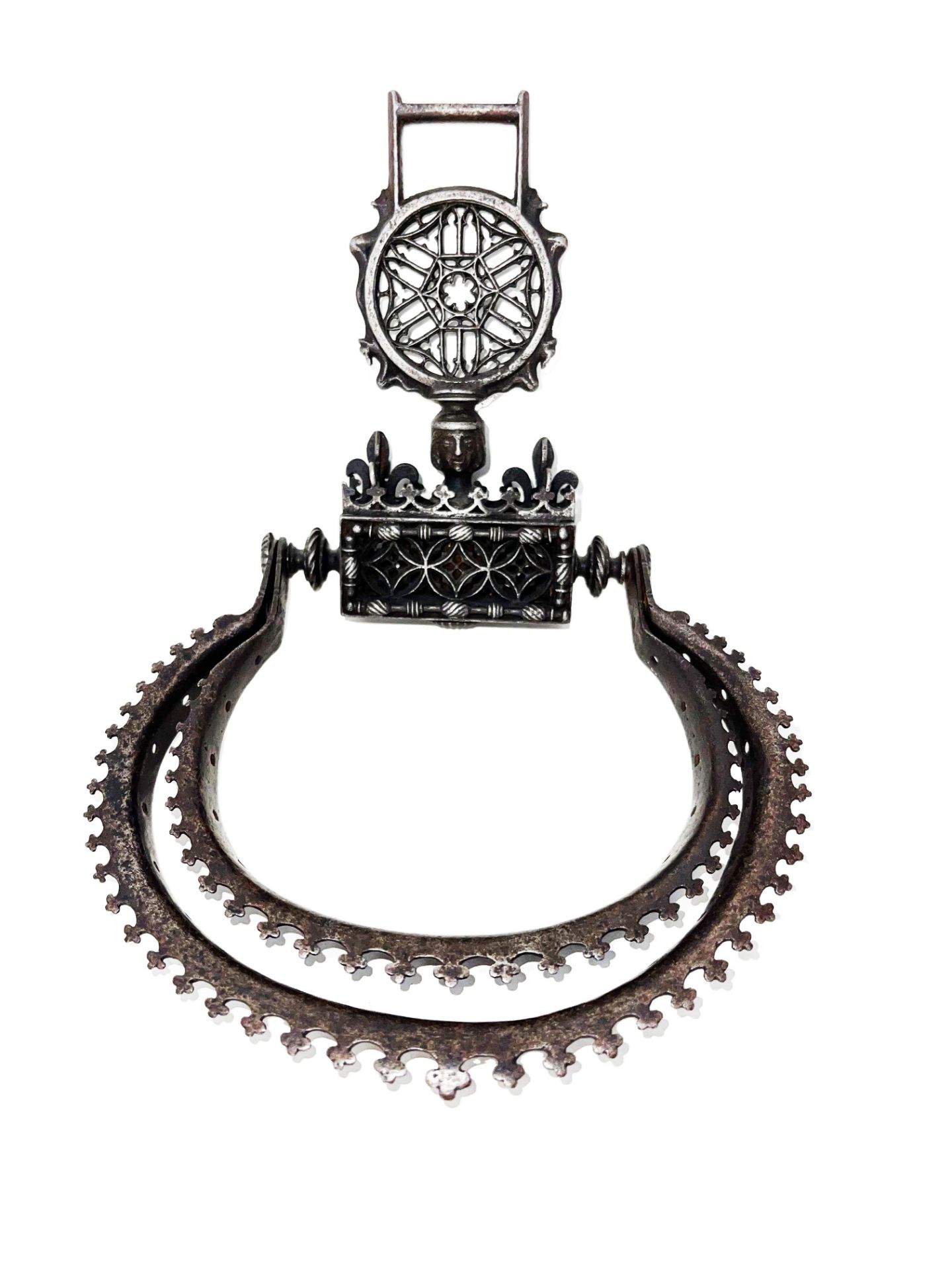 Neo-Gothic iron escarcella mount with two rings, joined by a spacer forming an orbiting cage