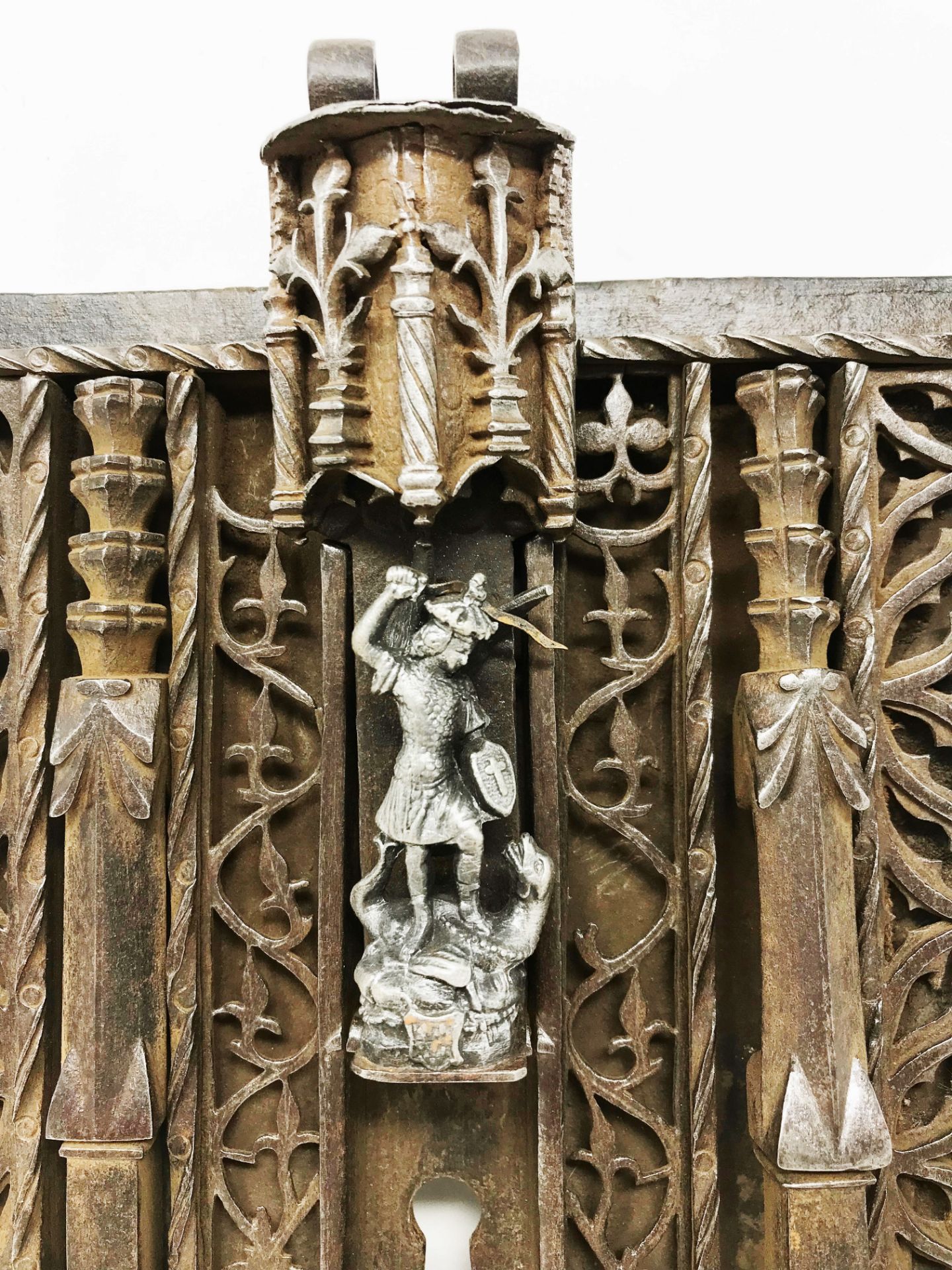 French gothic lock, the bow bearing Saint George crowned, winged and armored, with sword and shield, - Image 2 of 4