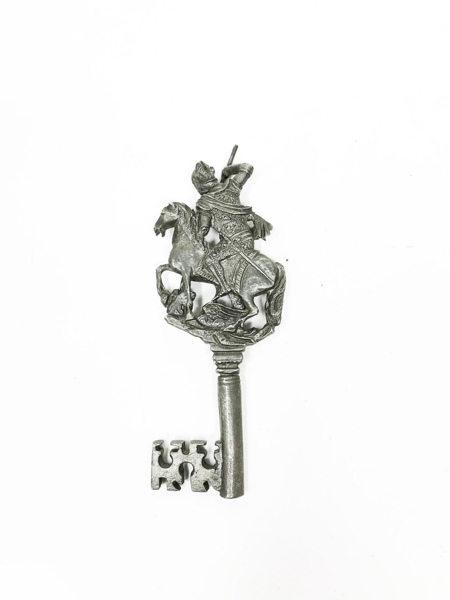 Cast metal gothic style key, decorated with Saint Michael slaying the dragon.14, 83 cm. Part of - Image 2 of 2