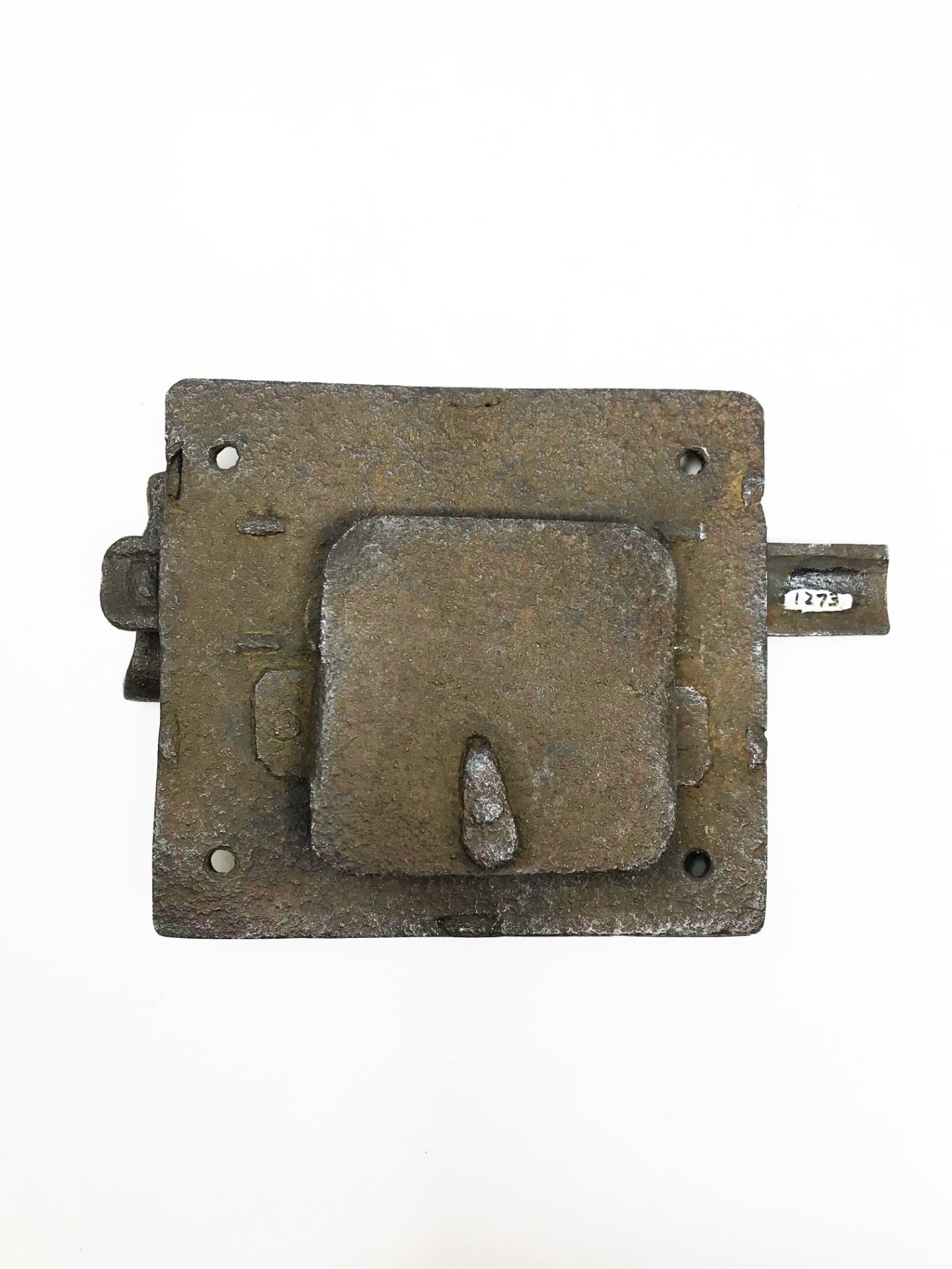 Medieval lock, the plate pierced with thistles, twisted frame, pierced bolt guide, knob formed by - Image 2 of 2
