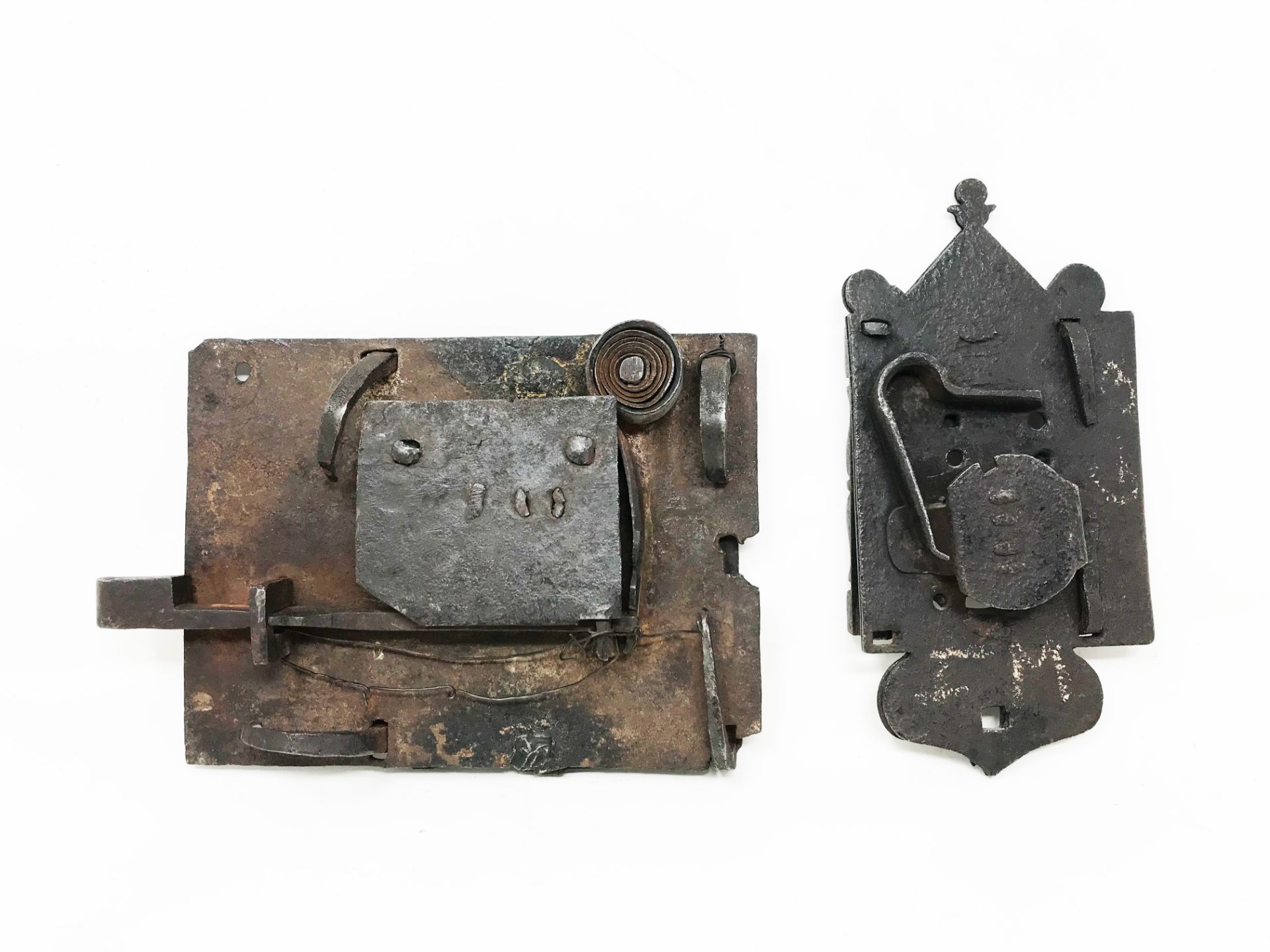 Two locks of the same construction:- one, crowned by a capital and supported by foliage scrolls, two - Image 2 of 3