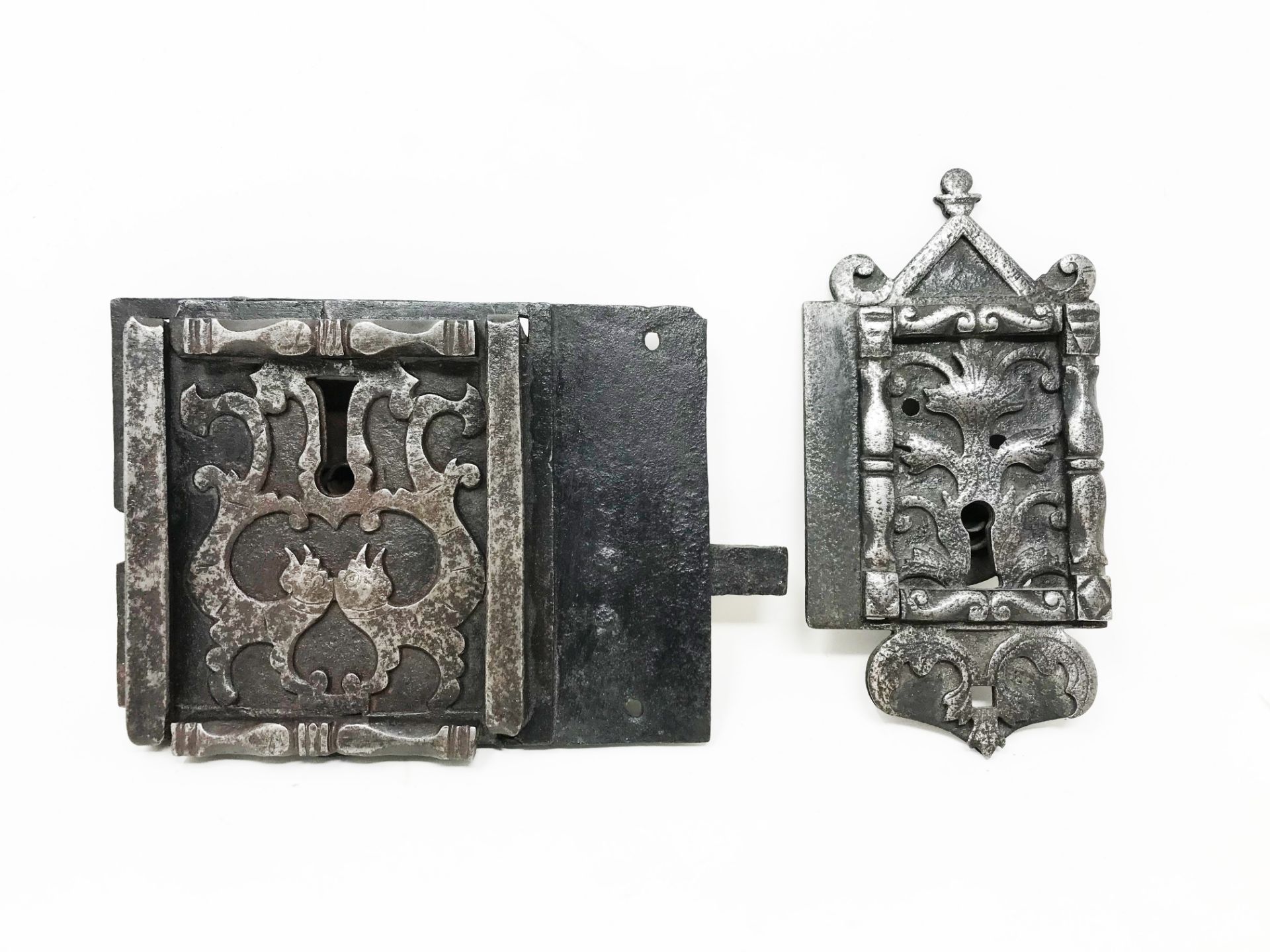 Two locks of the same construction:- one, crowned by a capital and supported by foliage scrolls, two - Image 3 of 3