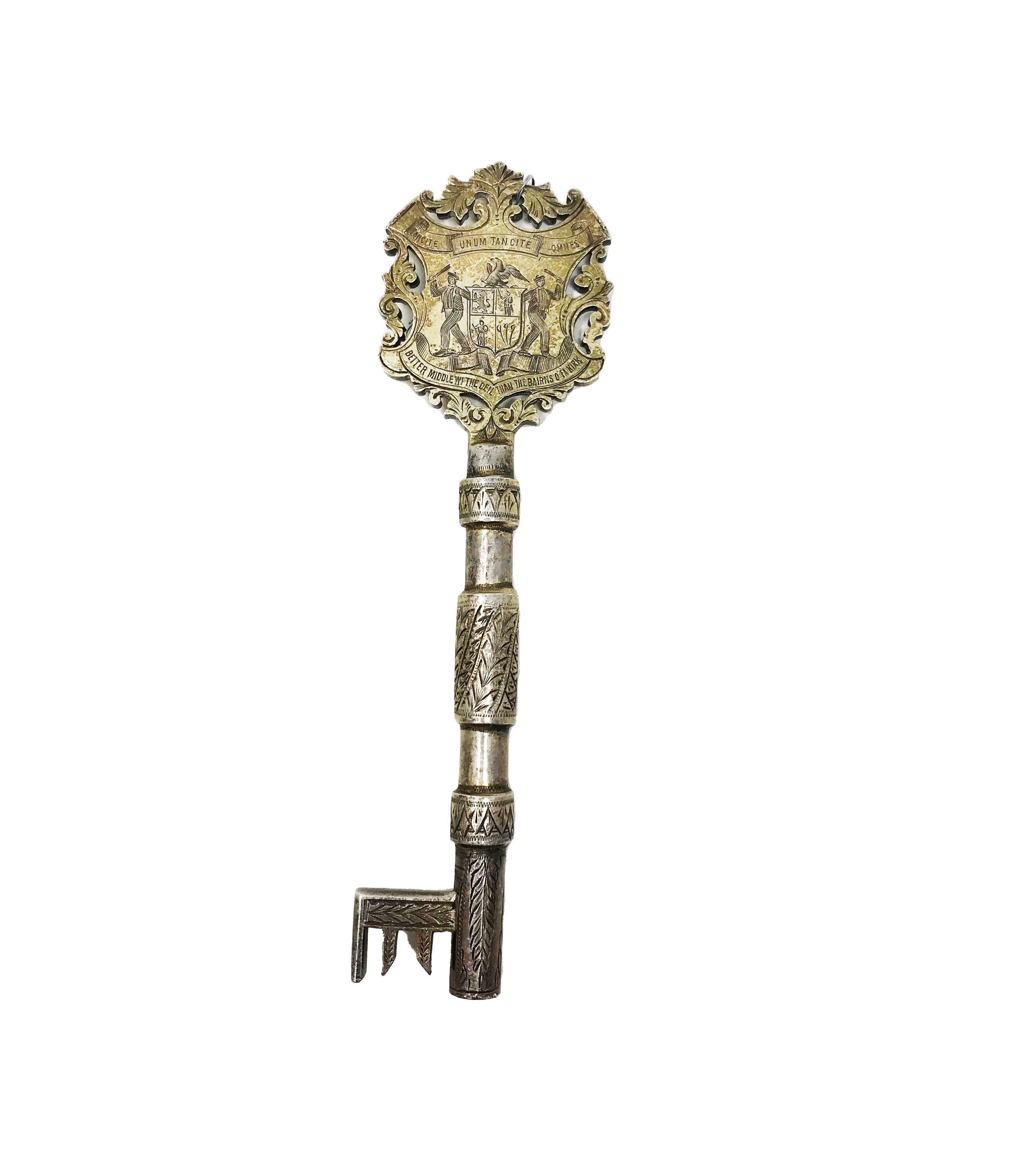 Ceremonial key in silver, partially gilt, the ring engraved with "Presented by the town council of