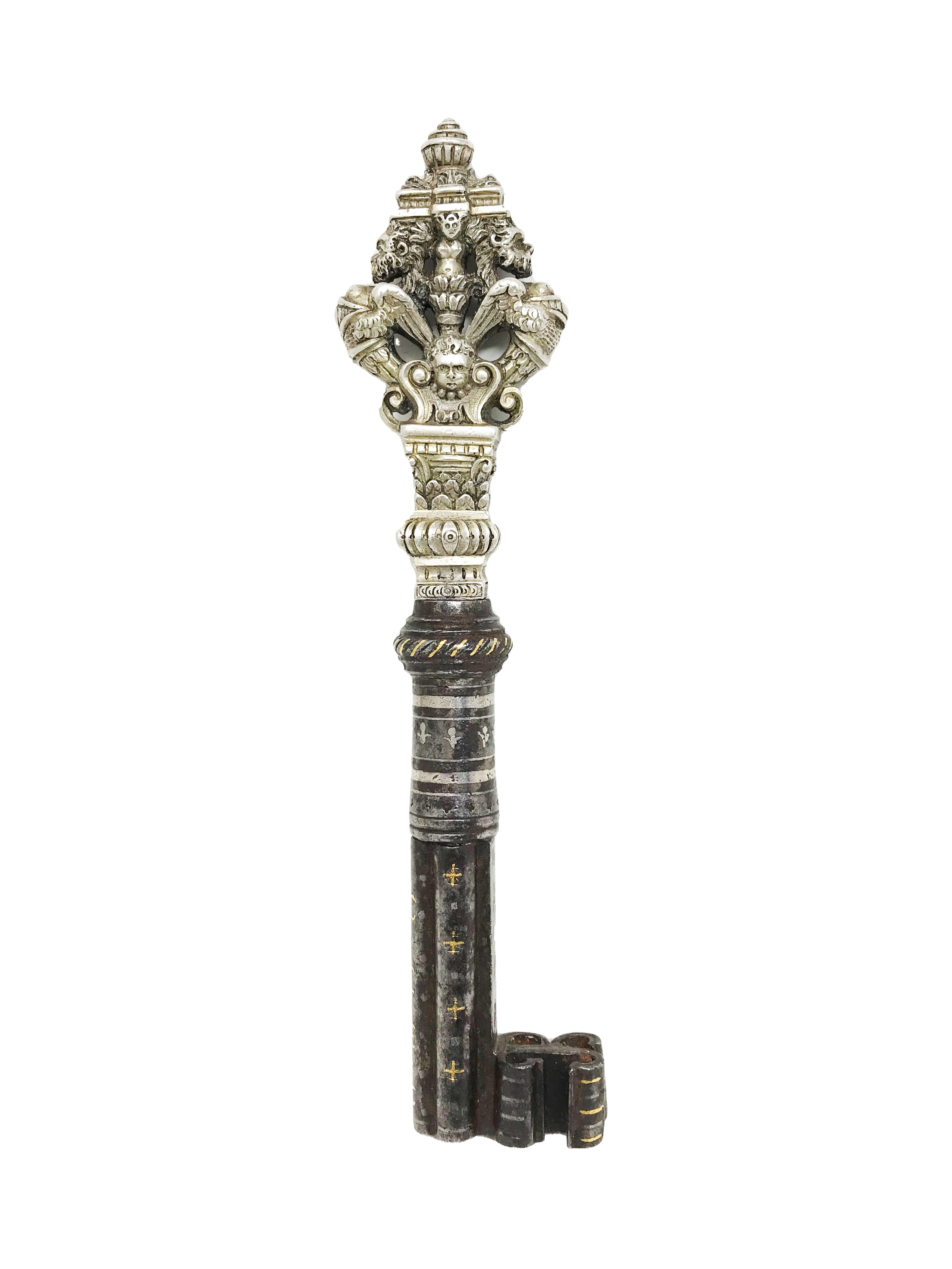 Sumptuous key, solid silver ring, blackened iron shaft inlaid with fleur-de-lis and crosses in - Bild 10 aus 10