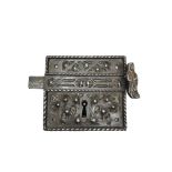 Medieval lock, the plate pierced with thistles, twisted frame, pierced bolt guide, knob formed by