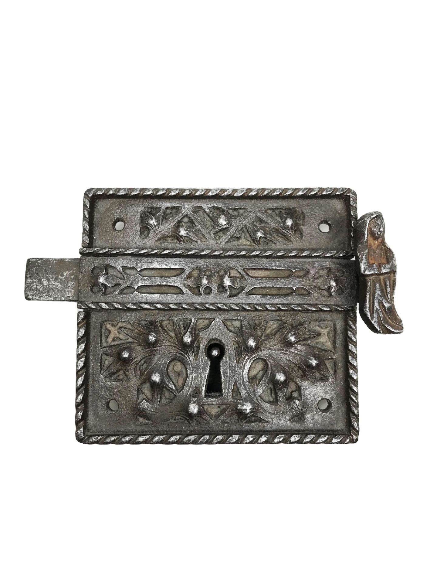 Medieval lock, the plate pierced with thistles, twisted frame, pierced bolt guide, knob formed by