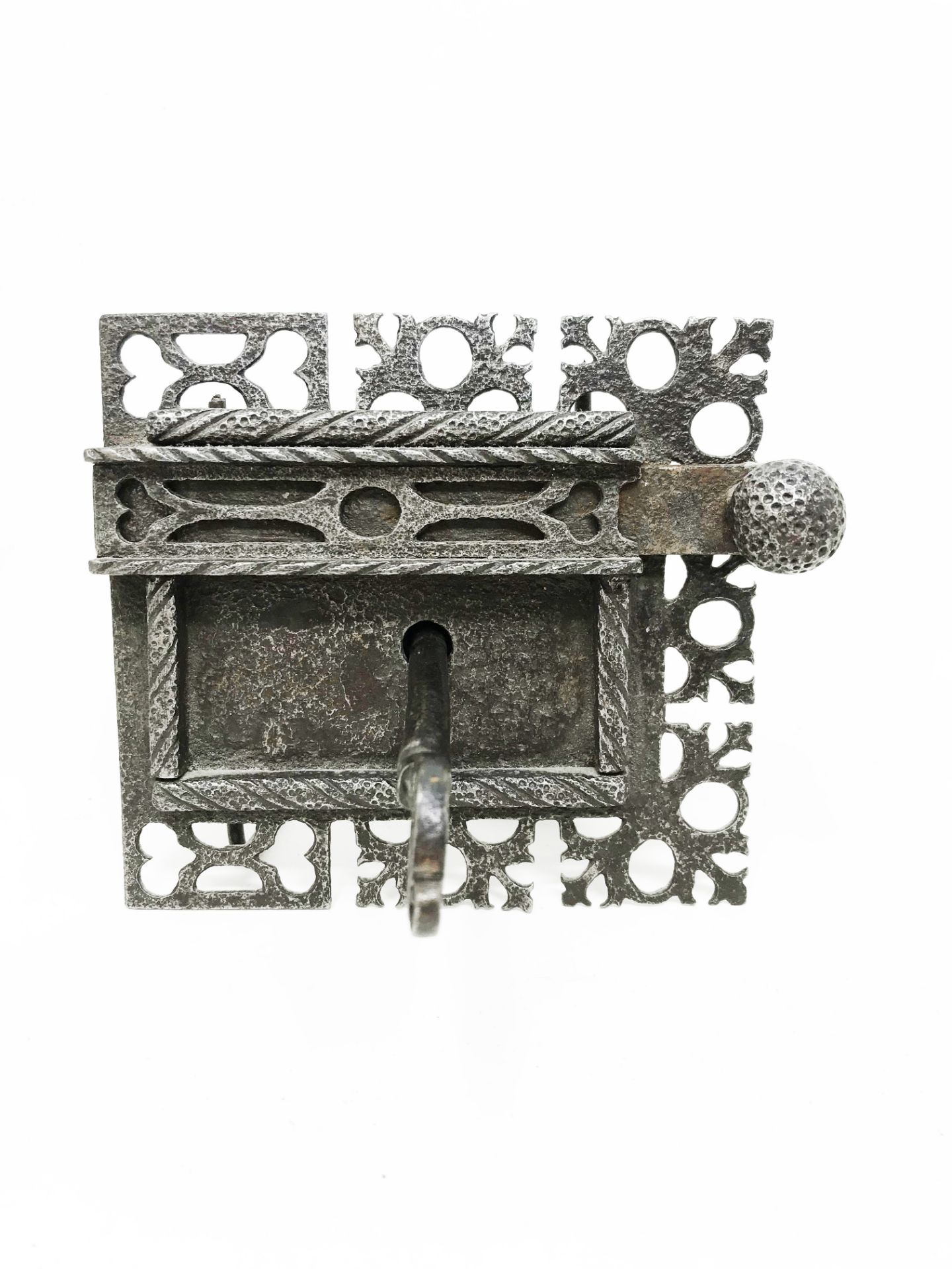 Credenza lock and its so-called Venetian key, lock plate pierced with hearts, twisted frame, bolt