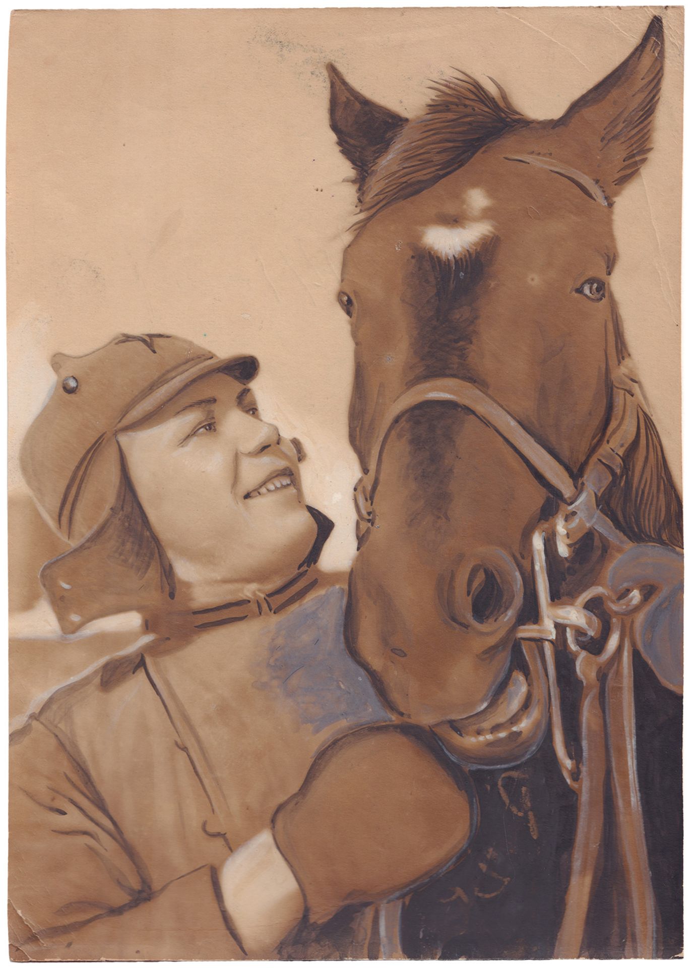 [Soviet. Retouche for official publishing]. Photype (?). “Red Army soldier with the horse”. - 1940s.