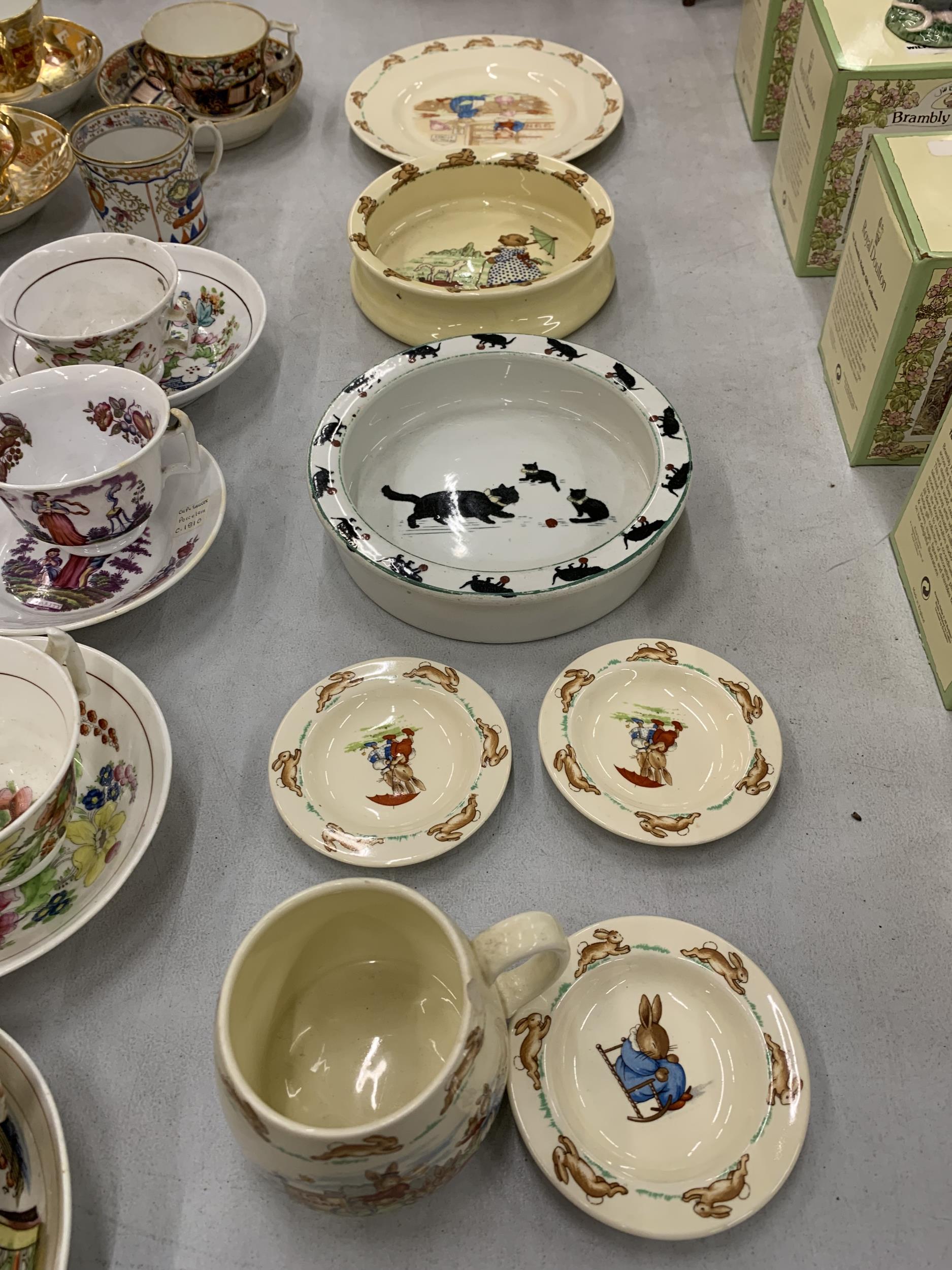 A QUANTITY OF ROYAL DOULTON 'BUNNYKINS' TOINCLUDE A PLATE, MUG - A/F AND PIN DISHES PLUS A SYLVAC