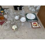 AN ASSORTMENT OF ITEMS TO INCLUDE GLASS DECANTORS, A CHEESE TILE AND A GLASS CLOCHE ETC