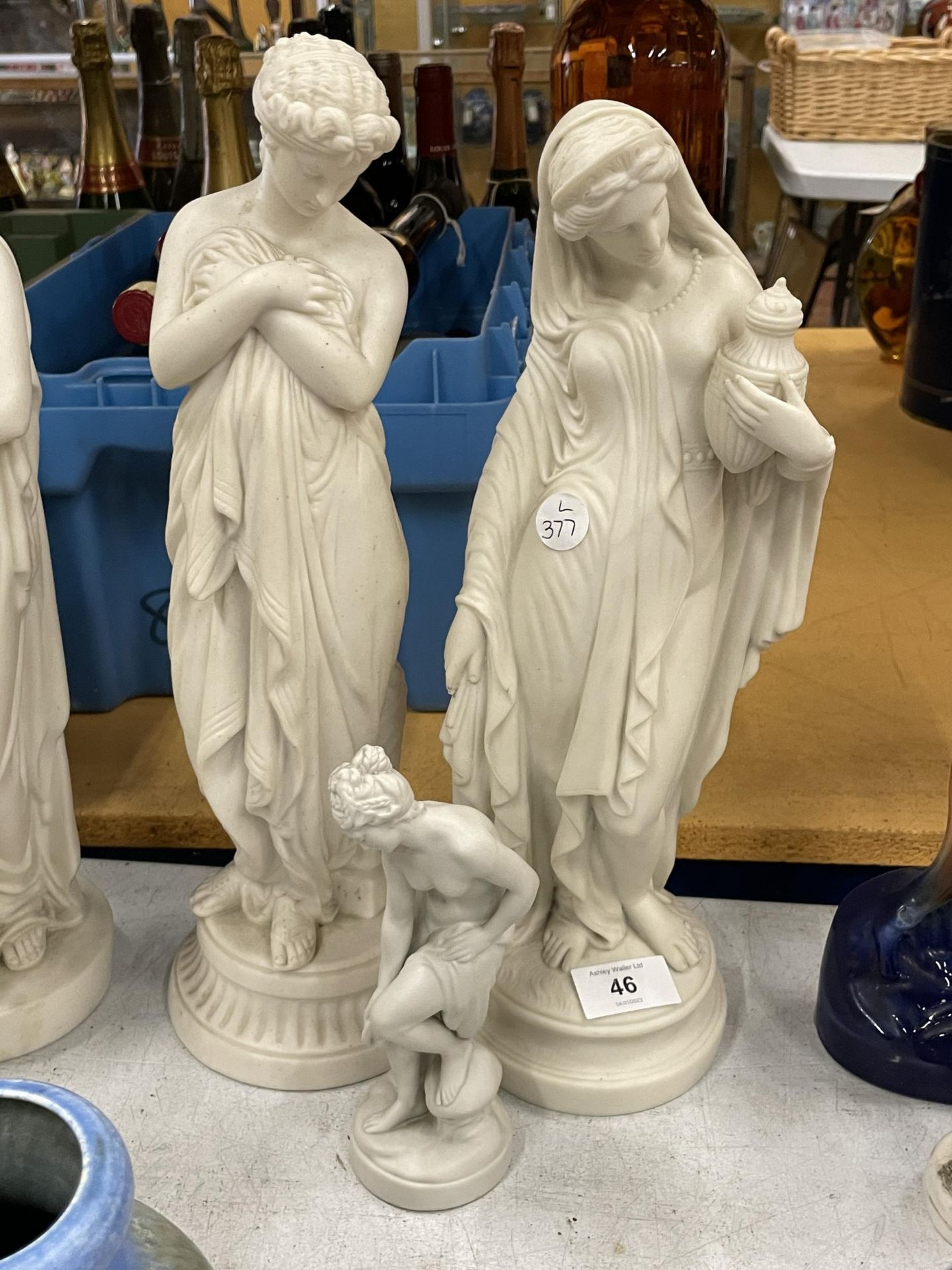 A GROUP OF THREE 19TH CENTURY PARIAN WARE FIGURES, TALLEST 38CM