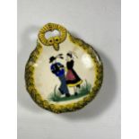 A VINTAGE QUIMPER FRENCH POTTERY PIN DISH WITH DANCING FIGURES DESIGN