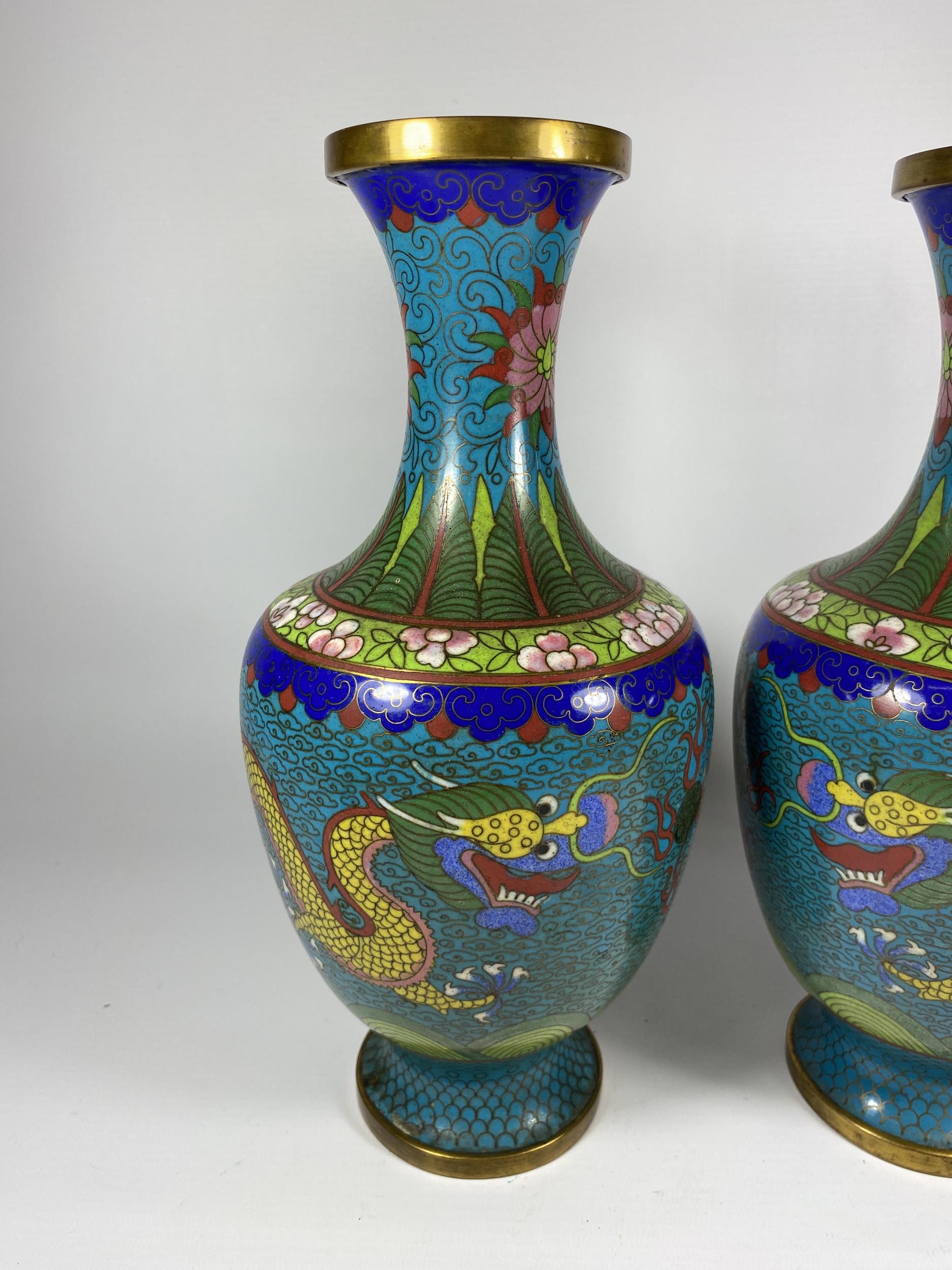 A PAIR OF CHINESE CLOISONNE BALUSTER FORM VASES WITH FIVE CLAW DRAGON CHASING THE FLAMING PEARL - Image 2 of 5