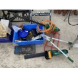 AN ASSORTMENT OF ITEMS TO INCLUDE A SADDLE RACK, A BATTERY HEDGE TRIMMER AND PLASTIC CHAIN ETC