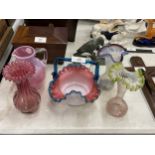 A MIXED GROUP OF ART GLASSWARE TO INCLUDE VASELINE TRUMPET GLASS, CRANBERRY ETC