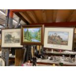 THREE FRAMED PRINTS 'THE OLD MANSE', 'THE HAYWAIN' AND 'THE ORDER OF THE BATH' PLUS A FRAMED OIL