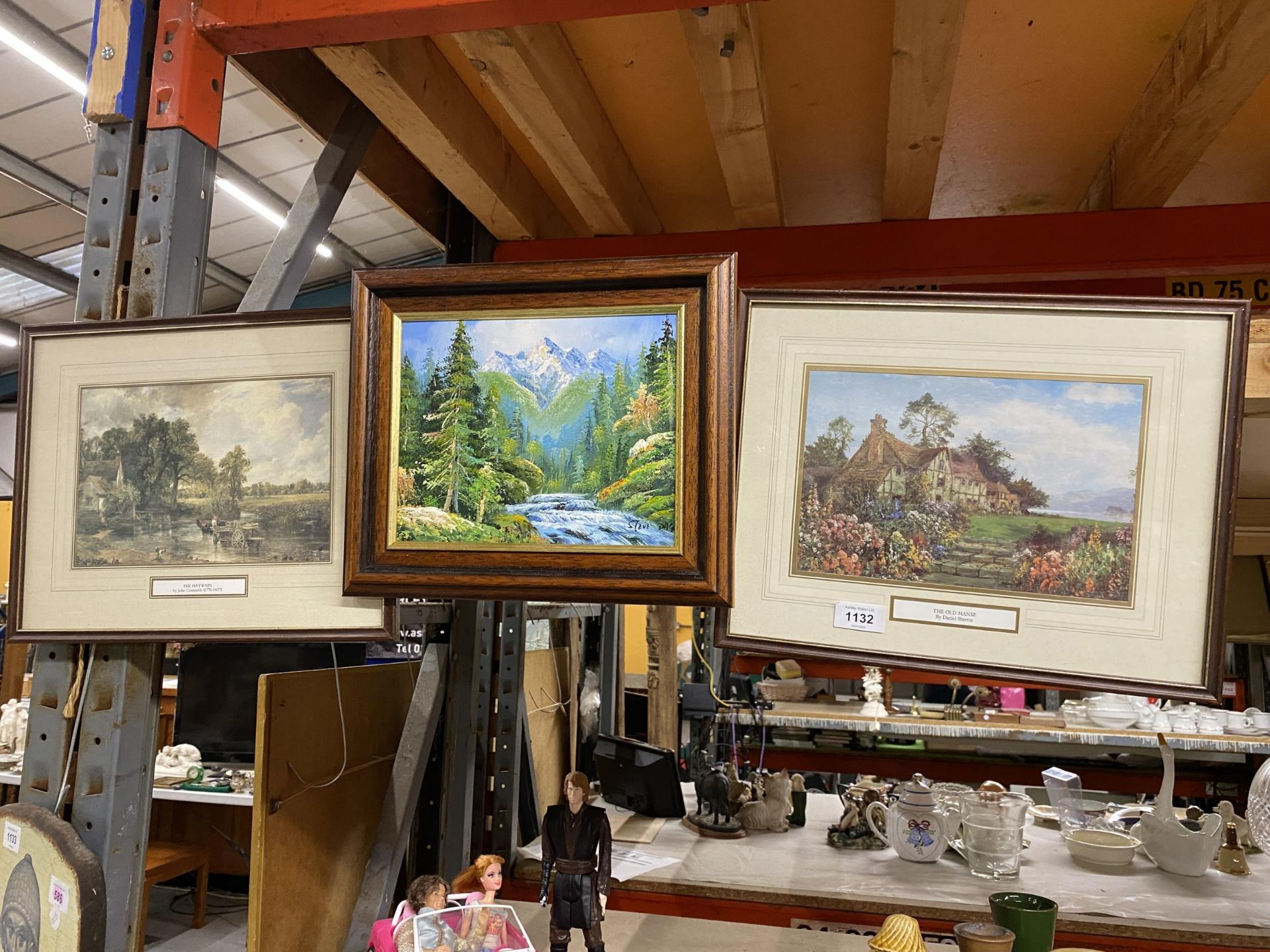 THREE FRAMED PRINTS 'THE OLD MANSE', 'THE HAYWAIN' AND 'THE ORDER OF THE BATH' PLUS A FRAMED OIL