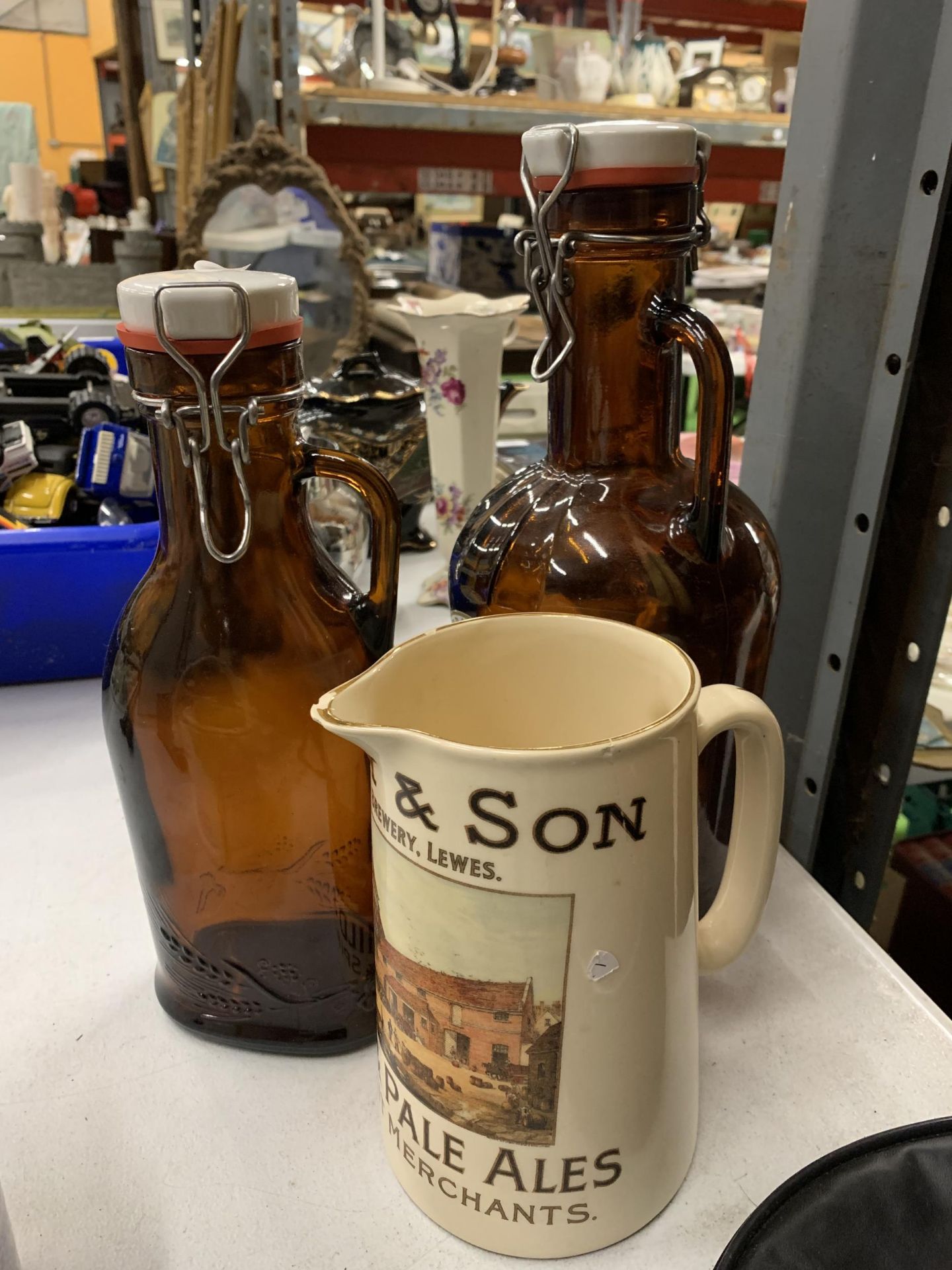 A HARVEY AND SONS BREWERY WATER JUG, COTTERIDGE WINES BOTTLE PLUS ONE OTHER