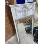 A VINTAGE WOODEN FRAMED BEVELED EDGE WALL MIRROR