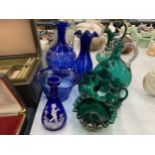 A QUANTITY OF GREEN AND BLUE COLOURED GLASS TO INCLUDE MARY GREGORY STYLE, JUGS, VASES, BOWLS, ETC