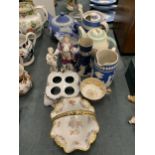 A QUANTITY OF CERAMICS TO INCLUDE JASPERWARE TEAPOT, JUG AND VASE, FIGURES, TEAPOTS, ETC