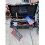 A PLASTIC TOOL BOX CONTAINING AN ASSORTMENT OF TOOLS TO INCLUDE A HAMMER, SCREW DRIVERS AND A