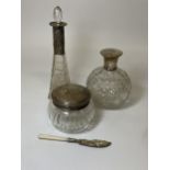 FOUR HALLMARKED SILVER ITEMS - THREE GLASS & SILVER TOPPED ITEMS AND A MOTHER OF PEARL HANDLED KNIFE