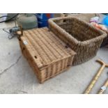 A WICKER PICNIC BASKET AND A FURTHER WICKER EFFECT LOG BASKET