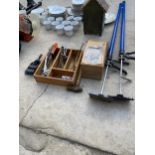 AN ASSORTMENT OF TOOLS TO INCLUDE A TRAILER WINCH, AN ENGINEERS VICE AND CHISELS ETC