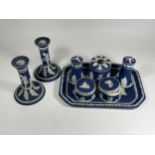 AN ADAMS JASPERWARE POTTERY DRESSING TABLE SET WITH A PAIR OF CANDLESTICKS