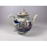 A LATE 18TH CENTURY WORCESTER IMARI TEAPOT & COVER, CRESCENT MOON MARK TO BASE, CHIP TO SPOUT,