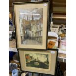 A WATERCOLOUR OF 'YORK MINSTER FROM STONEGATE' SIGNED F. ROBSON AND A PRINT OF BRUGES